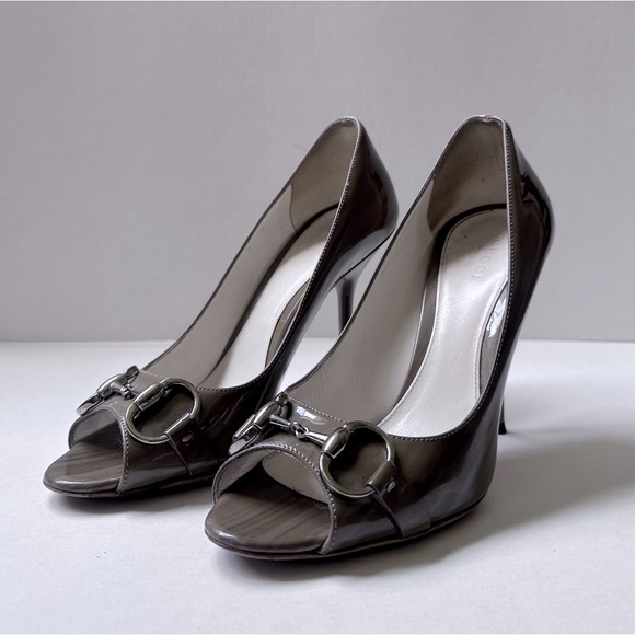 GUCCI Gray Patent Leather HighHeels Size 7 Authentic Luxury Designer Shoes Heels - Picture 2 of 11